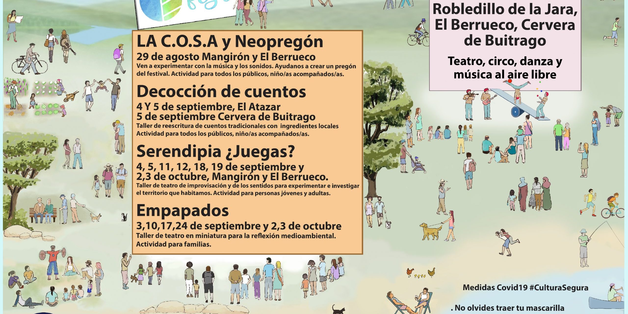 CartelA3ActivPrevias_agosto dibujo de personas varias viendo espectáculos en un entorno natural